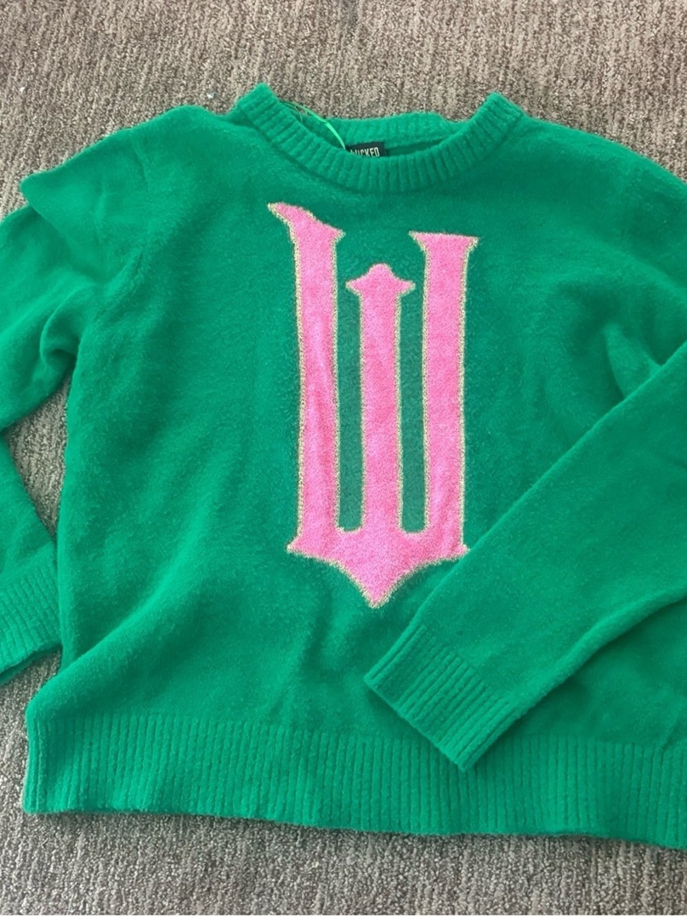 Green Women's Crewneck Sweater with Pink Logo Wicked Ariana Grande